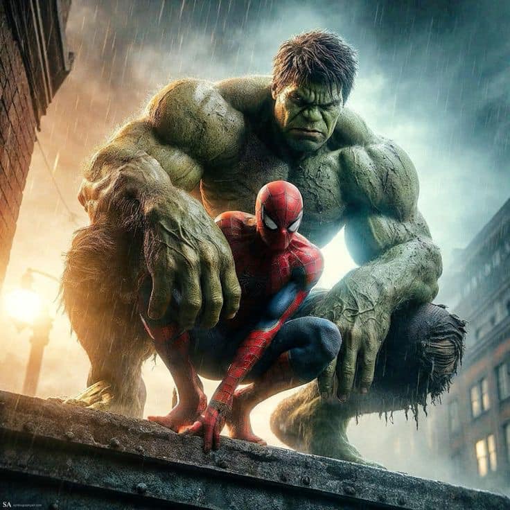 Superheroes Spiderman Hulk City Scene Print Poster