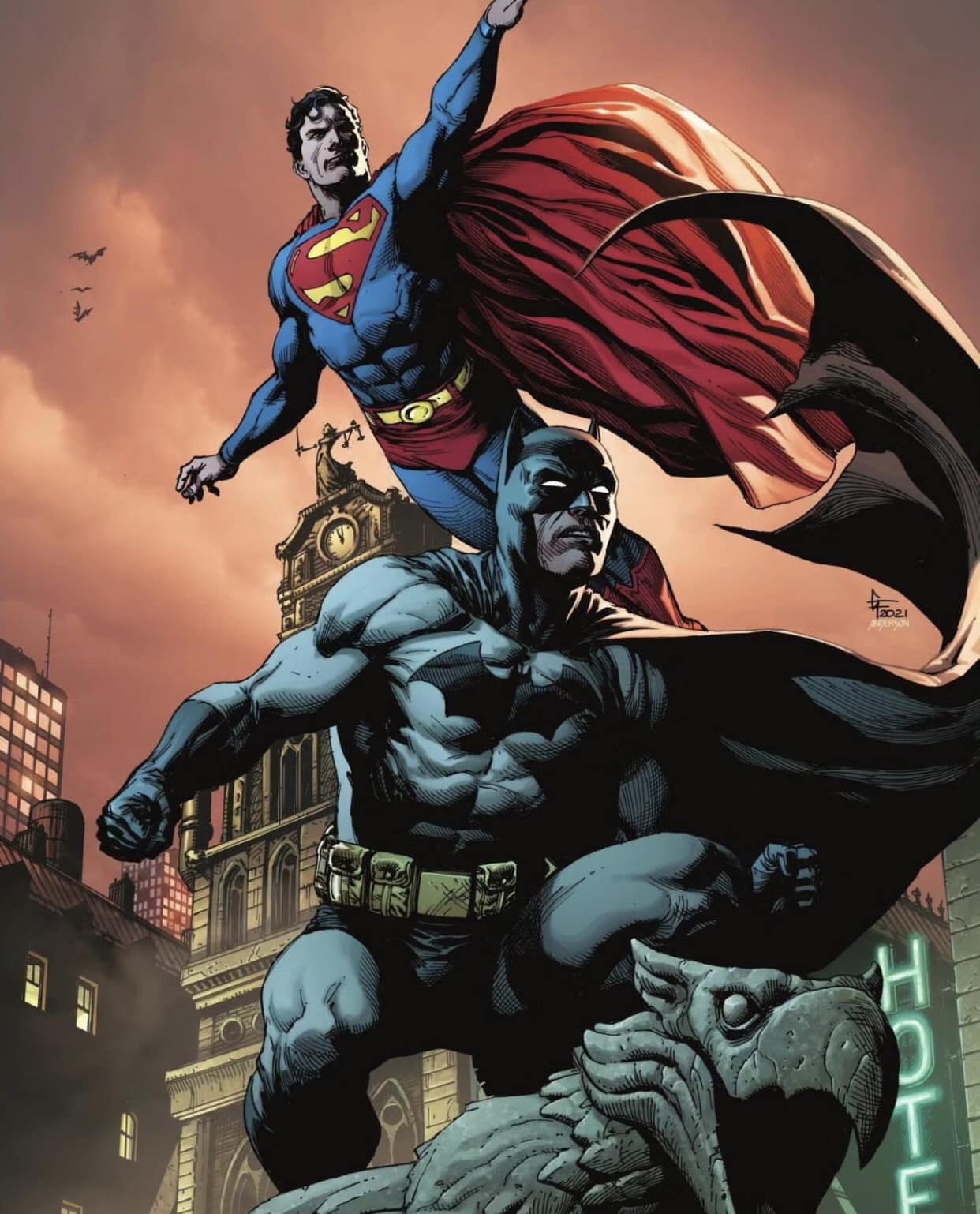Superman Batman Cityscape Action Print Poster