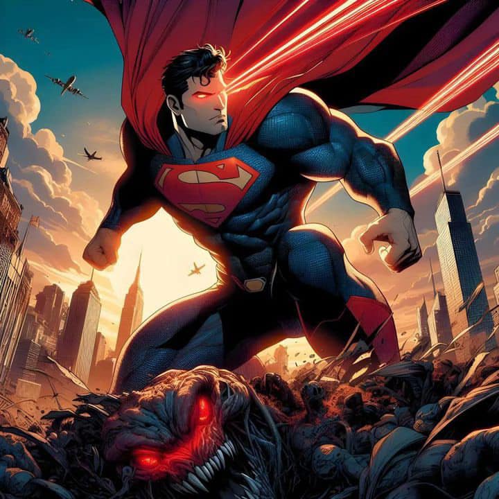 Superman Battles Monster Sunset Print Poster