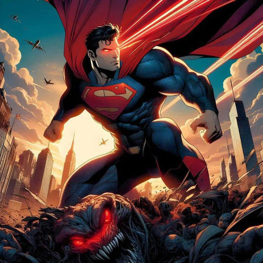 Superman Battles Monster Sunset Print Poster