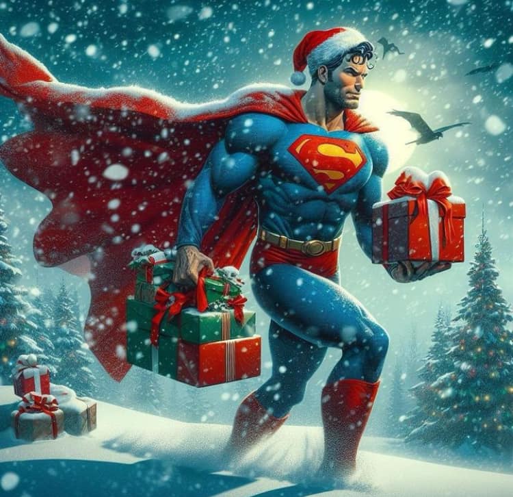 Superman Christmas Snowstorm Gifts Print Poster