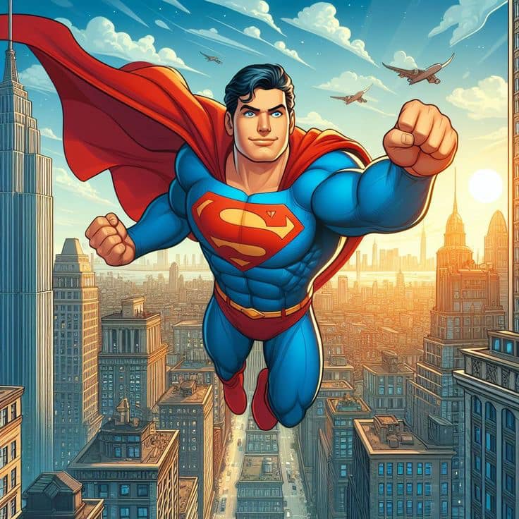 Superman Flying Cityscape Sunset Print Poster