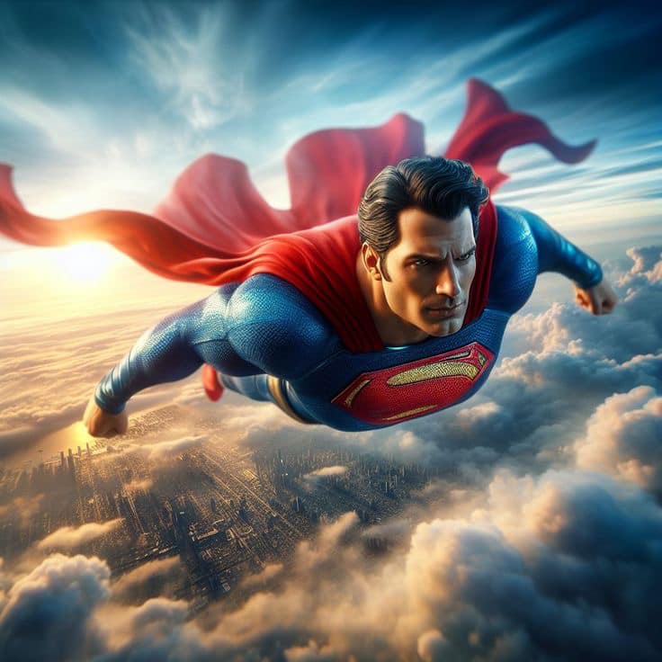 Superman Flying Clouds Sunset Print Poster