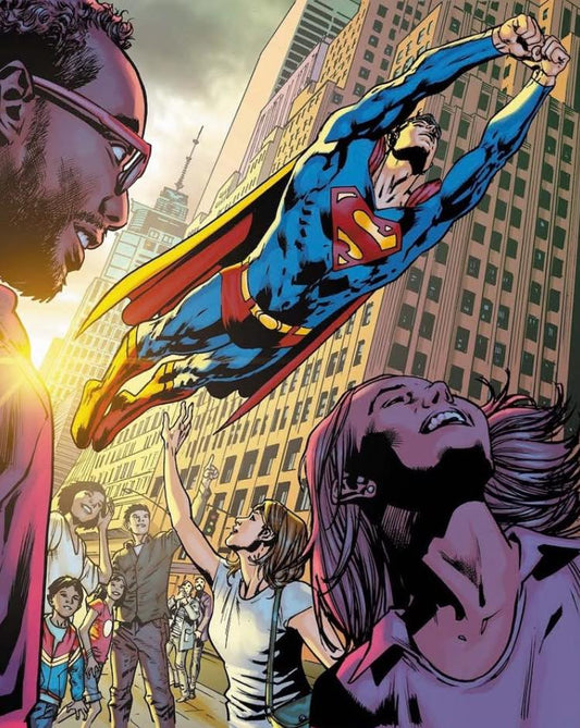 Superman Flying Crowd City Print Poster