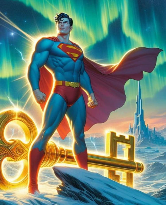 Superman Heroic Pose Northern Lights Key Print Poster