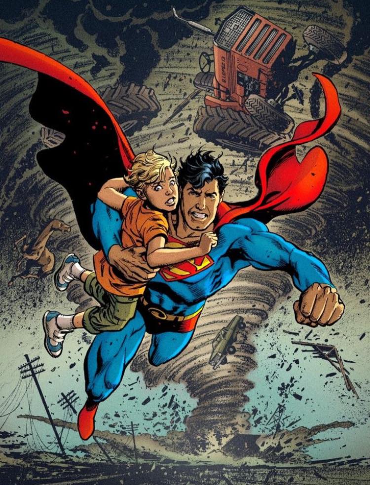 Superman Rescuing Boy Tornado Scene Print Poster