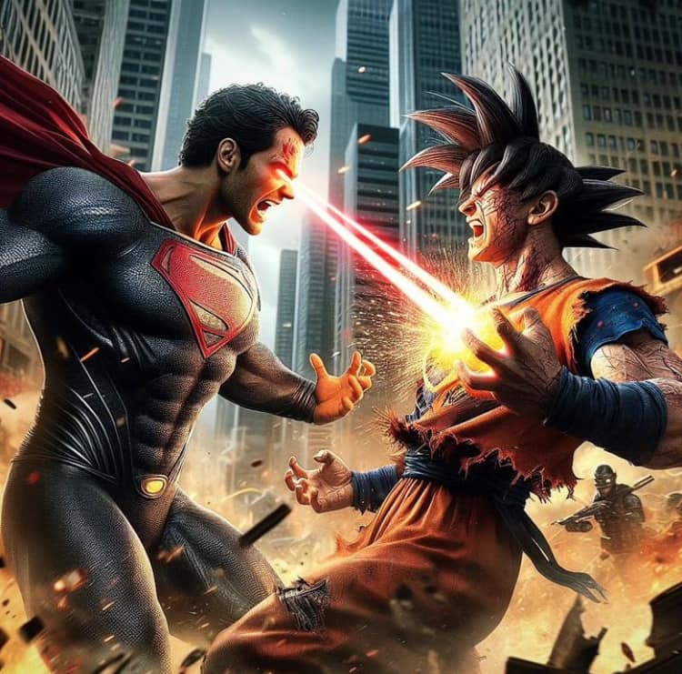 Superman Vs Goku Battle Cityscape Print Poster