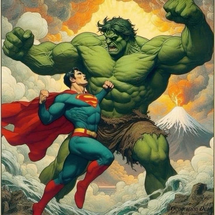 Superman Vs Hulk Battle Scene Print Poster