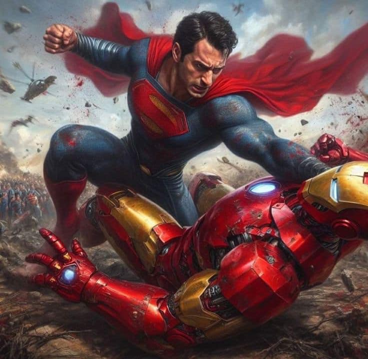 Superman Vs Ironman Battle Scene Print Poster