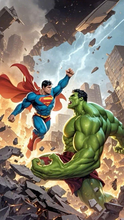 Superman Hulk Battle Explosion 1945 Print Poster