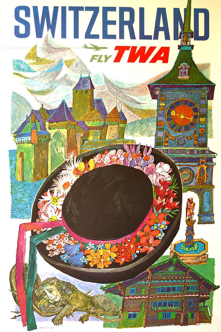 Switzerland Fly Twa Airline Travel Vintage Print Jigsaw Puzzle