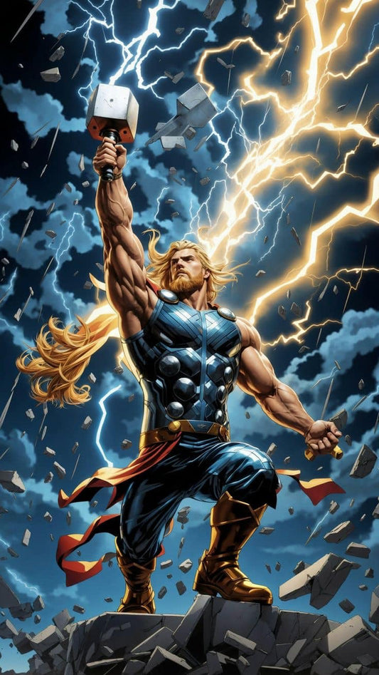 Thor With Mjolnir Lightning Background Print Poster