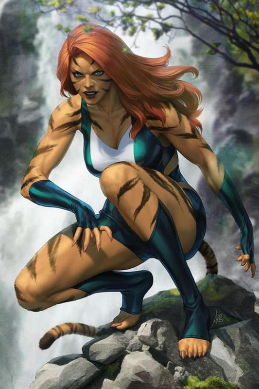 Tiger Woman Hero Crouching Waterfall Print Poster