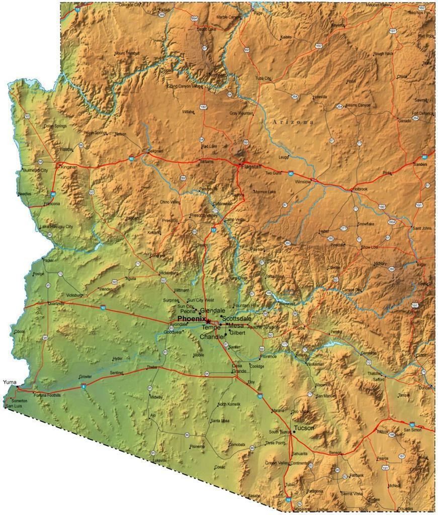 Topographic Map Of Arizona Pheonix Cardinals Tucson Poster Picture Photo Print