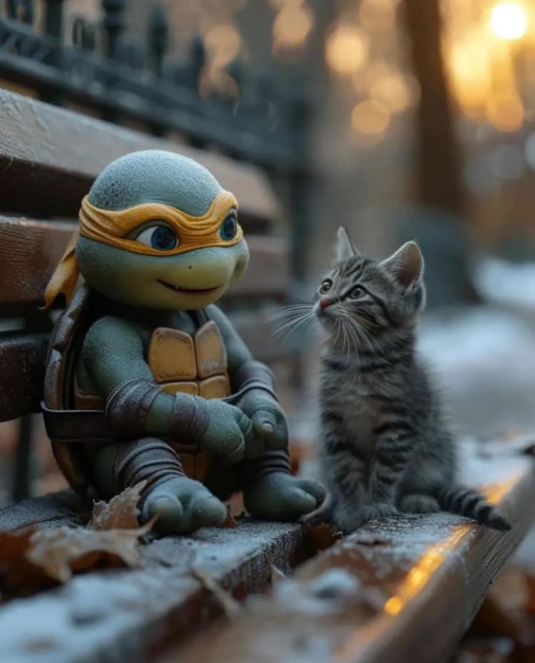 Turtle And Kitten Bench Sunset Print Poster