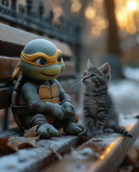 Turtle And Kitten Bench Sunset Print Poster