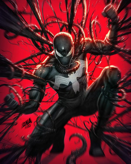 Venom Spider Man Action Red Background Print Poster