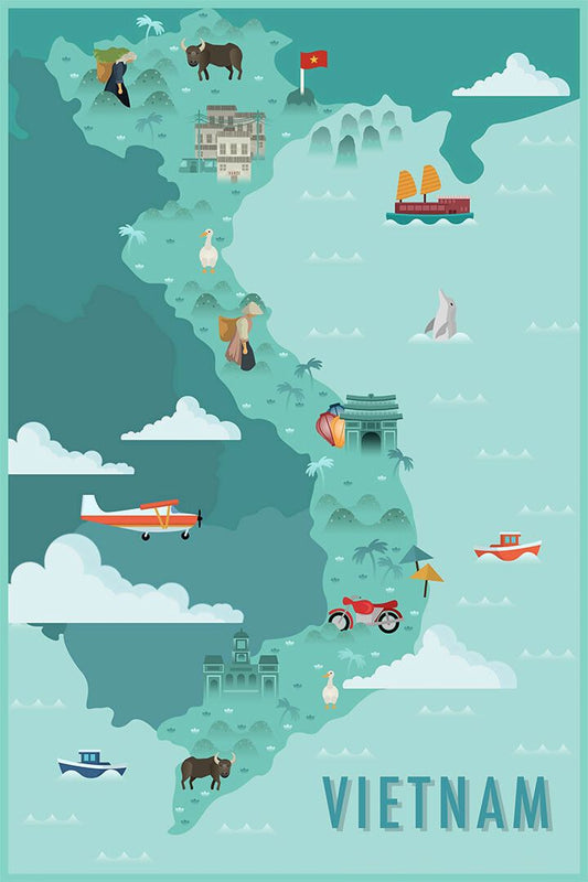 Vietnam Map Landscape Sea Cities Vintage Print Jigsaw Puzzle