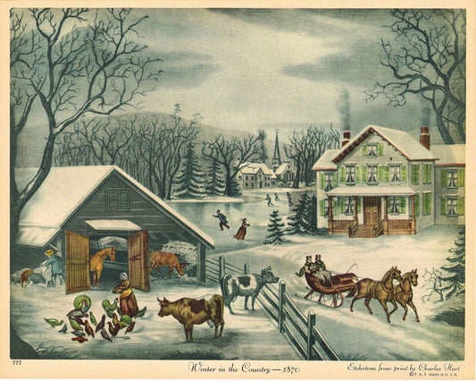 Winter Folk Art Xmas New England Barn Sleigh Ice Skate Picture Magnet Magnet