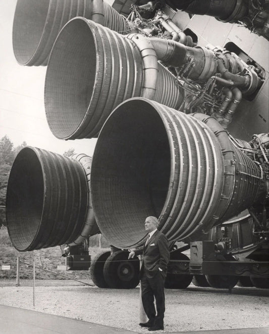 Wernher Von Braun Standing By Engines Of Nasa Saturn V Rocket Reprint