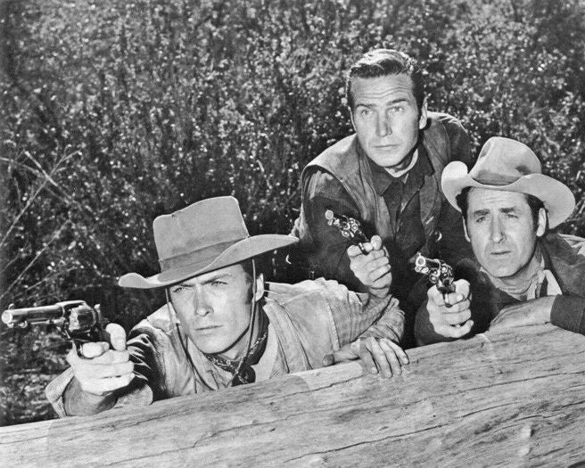 Western Show Rawhide Glossy Photo Clint Eastwood, Eric Fleming And Shab