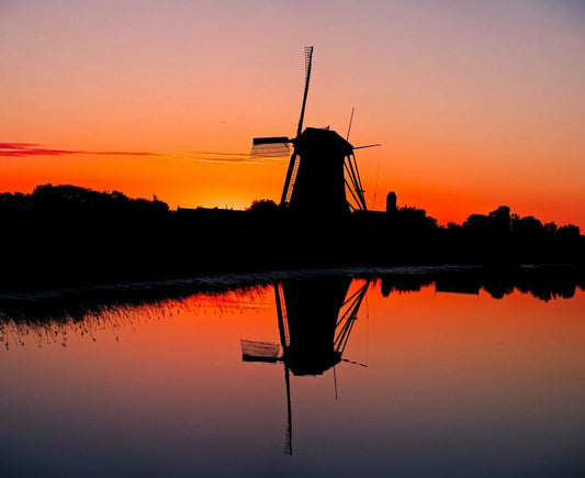 Windmills On River At Sunset Kinderdijk The Netherlands Poster Picture Photo