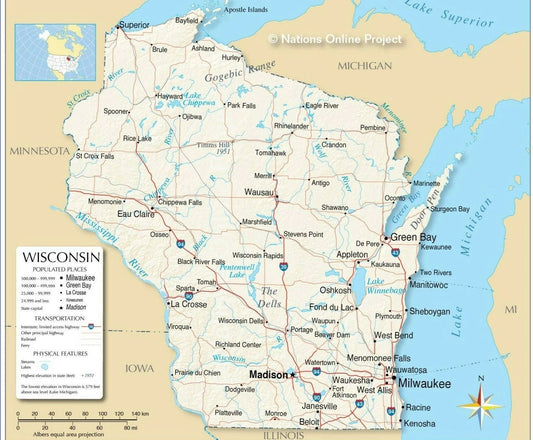 Wisconsin State Map Milwaukee Green Bay Cheese Poster Photo Print