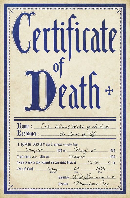 Wizard Of Oz Certificate Of Death Dorothy Ruby Wicked Witch Propreplica