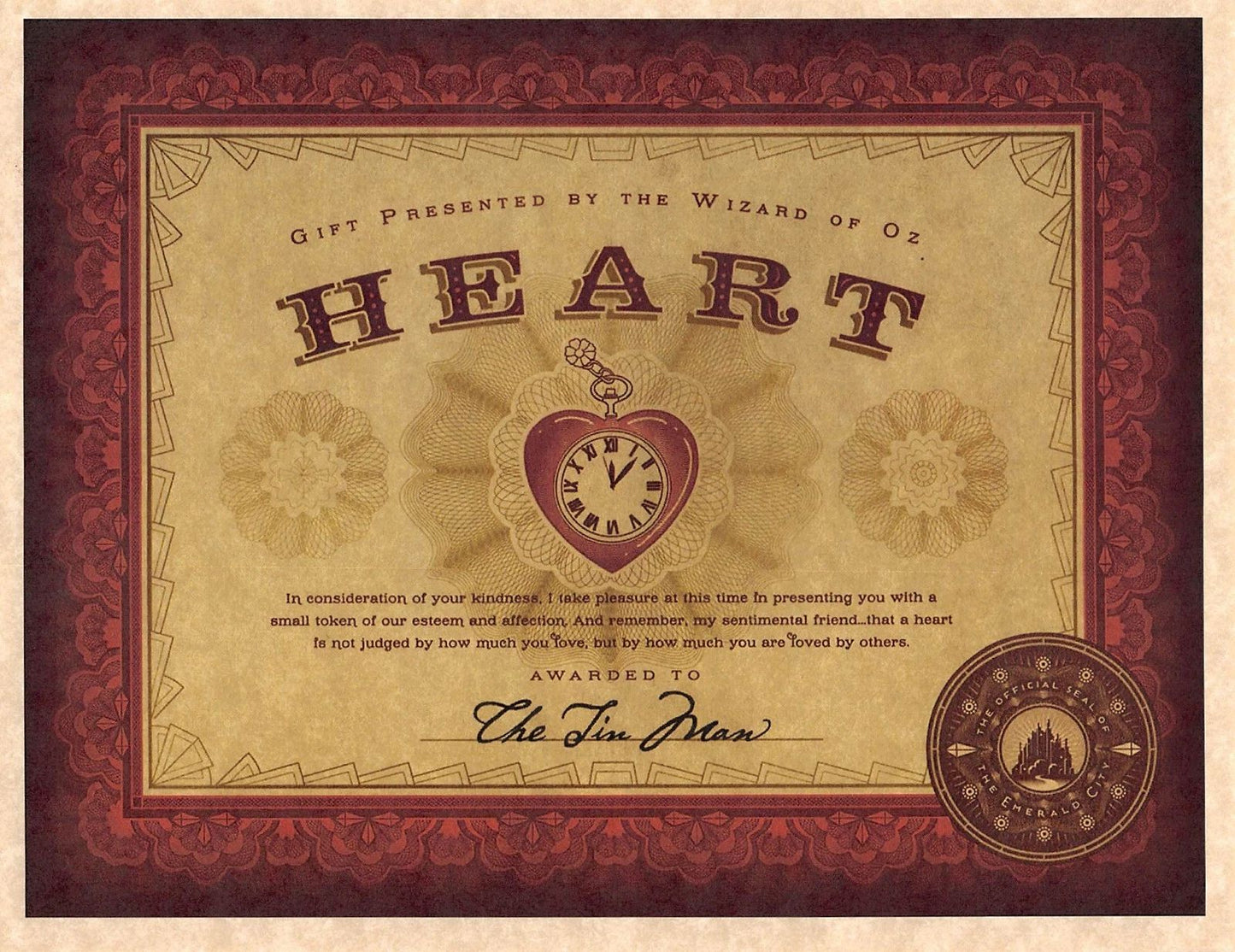 Wizard Of Oz The Emerald City Certification Of Heart Tin Man Propreplica