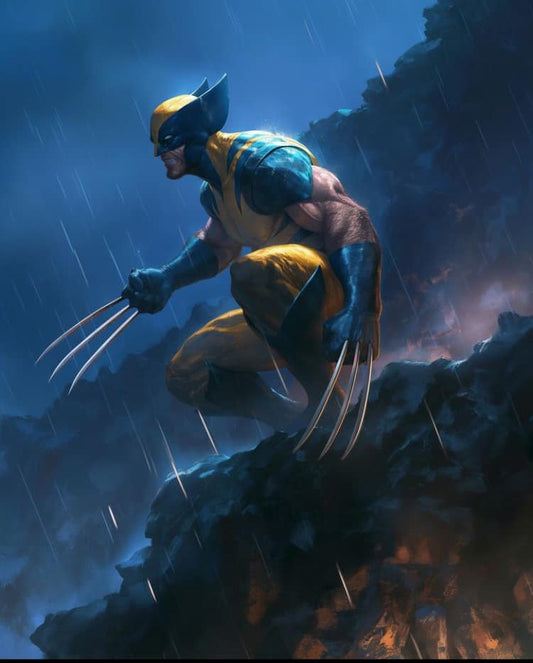 Wolverine Action Posed Stormy Background Print Poster