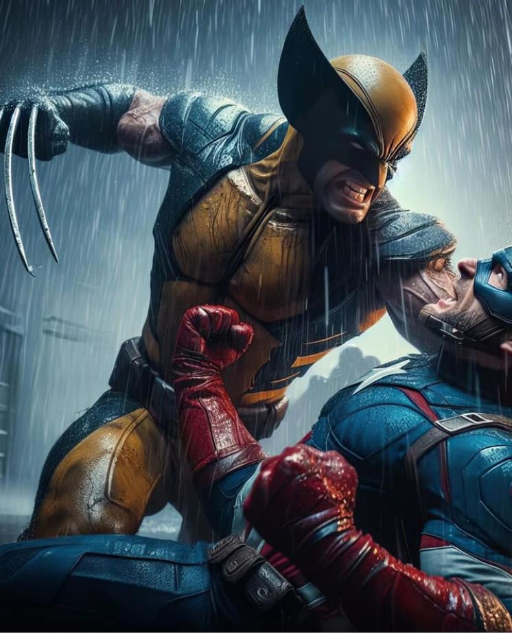 Wolverine Vs Captain America Rain Battle Print Poster