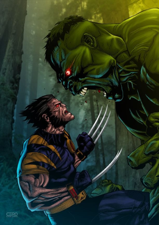 Wolverine Hulk Forest Battle Print Poster