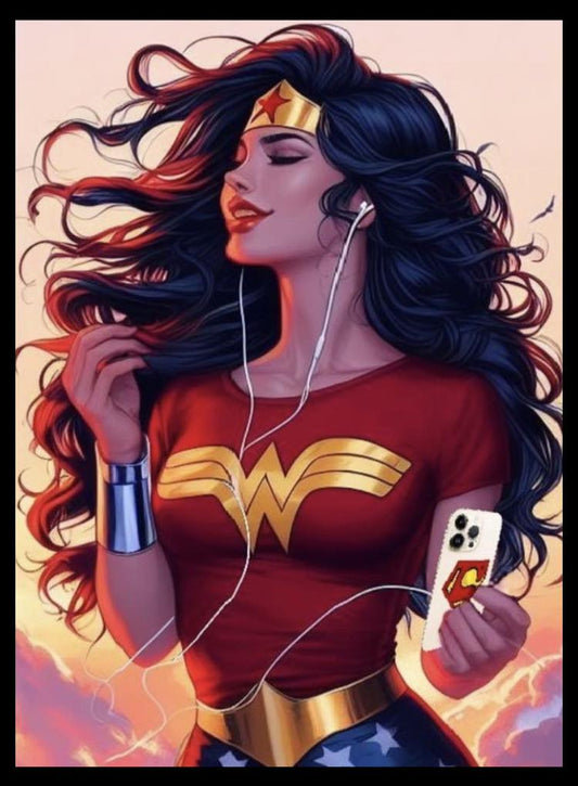Wonder Woman Listening To Music Print Poster