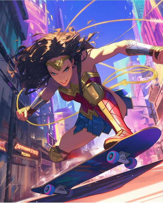 Wonder Woman Skateboarding Cityscape Print Poster