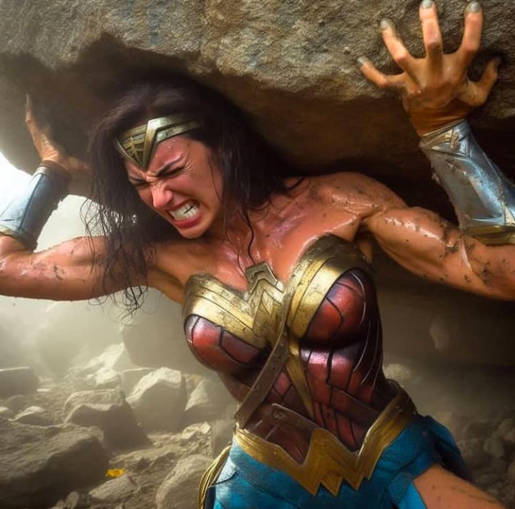 Wonder Woman Struggling Under Rock Print Poster