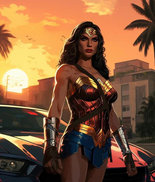 Wonder Woman Sunset Cityscape Keychain